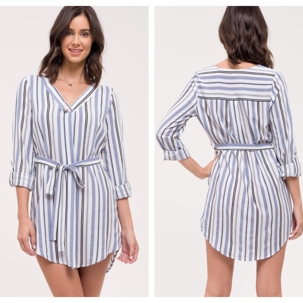 Vneck Belted Dress Striped Ivory Blue - Picture 3 of 7